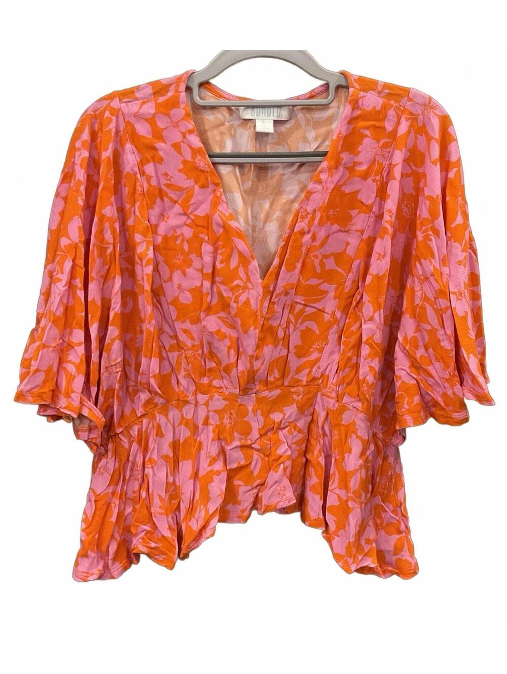 Bunulu Womens V Neck Short Sleeve Cropped Blouse Size L